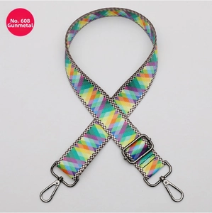 Detail of adjustable geometric patterned bag strap with gunmetal swivel snap hooks