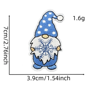 Detailed view of Nordic gnome embroidery patch with size specs and snowflake patterns