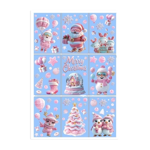 9-piece set of 3D pink Christmas window stickers featuring Santa, snowman and reindeer