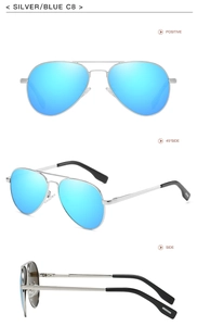 Multiple angles of silver aviator sunglasses featuring blue mirrored lenses and metal frame