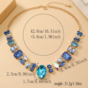Luxury blue crystal statement necklace with gold metal base and adjustable chain for parties