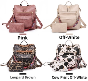 Detailed set of four faux leather backpacks with animal prints and woven straps