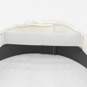 Detail showing the white fabric lining, elastic strap and black sweatband of the sequin hat