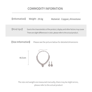 Detailed size chart for copper rhinestone teardrop necklace and earrings set