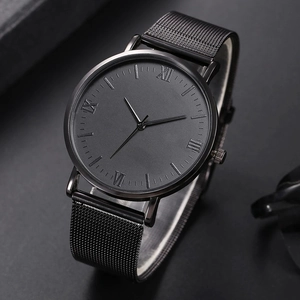 Men's minimalist black quartz watch with stainless steel mesh strap in business style