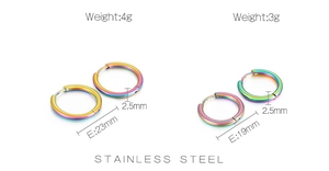 Technical size guide for rainbow stainless steel hoop earrings with diameter specs