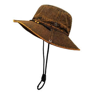British style vintage washed denim sun hat with wide brim and adjustable wind cord