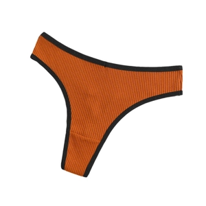 Orange brown ribbed cotton thong for women with black trim and high cut T-back style