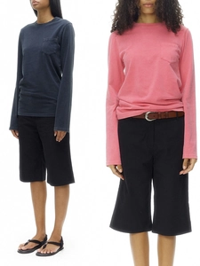Dual view of navy and pink long-sleeve cotton T-shirts with crew neck and front pocket