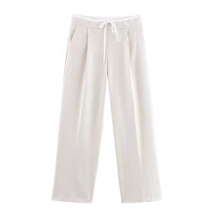 Vertical striped wide-leg pants in cream white with elastic drawstring waist for casual style