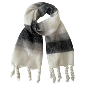 Maillard gradient checkered scarf with black and white grey stripes and fringe tassels