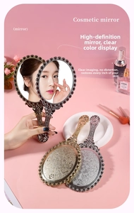 Detailed close-up of retro handheld vanity mirror with elegant European relief patterns
