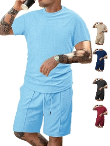 Detail showing knit jacquard fabric texture of men's summer short sleeve sets in five colors