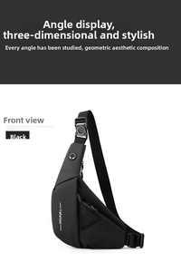 Detailed view of black waterproof chest bag featuring triangle zip pocket and wide strap