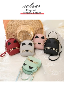 Detailed collection of cat-themed mini backpacks in red, grey, pink, black, and mint green