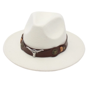White wool felt western cowboy hat featuring brown leather band and silver bull head metal buckle