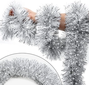 Close-up of 50ft silver metallic tinsel garland showing fluffy texture for party decor