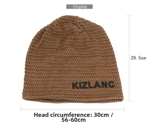 Size specifications of the brown knitted beanie with dimensions 29.5cm height and 30cm width
