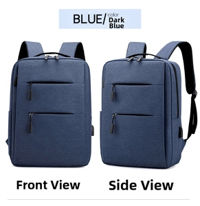 Detail of dark blue business backpack showing side USB port and front zipper pockets