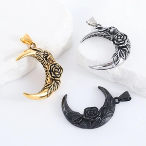 Gothic rose moon pendant necklace in gold, silver, and black stainless steel colors