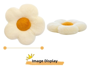 Detailed close-up showing soft plush flower cushion with dimensions in yellow and orange