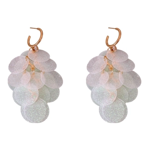 Golden C-shaped tassel earrings with sparkling sequins in a grape cluster style design