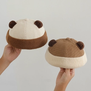 Cute knitted baby beanie set with 3D bear ears in cream and dark brown colors