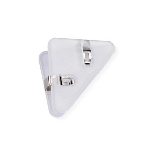 Close-up of a clear acrylic triangle corner paper clip with durable metal fasteners