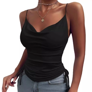 Women's black cowl neck camisole top with side drawstring and satin finish