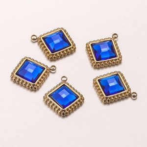 Set of five square gold-plated stainless steel pendants with faceted blue glass stones