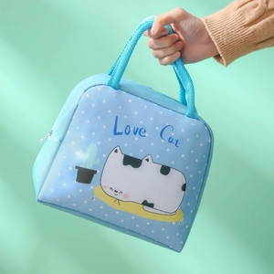 Insulated blue lunch bag with cute cartoon cat illustrations and Love Cat lettering