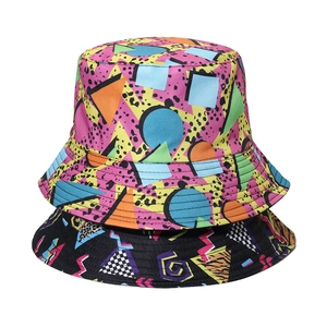 Vintage geometric print bucket hat with vibrant 80s leopard and tribal pattern