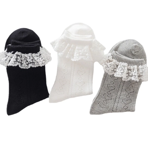 Lace ruffle heart pattern socks in black white and gray displayed on a white background