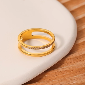 Double-layered golden stainless steel ring with micro-paved sparkling cubic zirconia stones