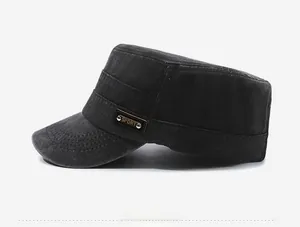 Side view of black cadet cap featuring distressed washed cotton and SPORT metal rivet detail