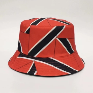 Detailed view of British flag print and stitching on this reversible cotton bucket hat