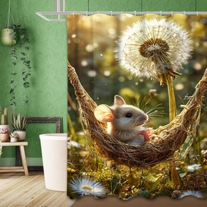 Detail des Duschvorhangs mit Motiv einer Maus im Korb und weißem Pusteblumen-Aufdruck