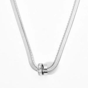 Silver double layered snake chain necklace with sparkling square cubic zirconia pendants