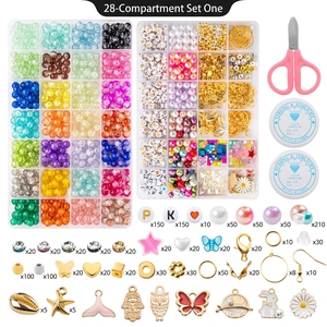 28-grid DIY jewelry making kit with glass beads, charms, tools, and elastic string set