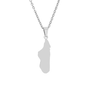 Detailed close-up of Madagascar map pendant in polished silver stainless steel