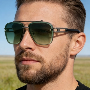 Detail of square rimless sunglasses with gradient green lenses and hollow metal temples