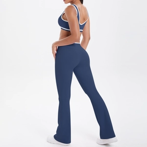 Detailed back view showing the fit of navy double-sided brushed flared yoga set for women