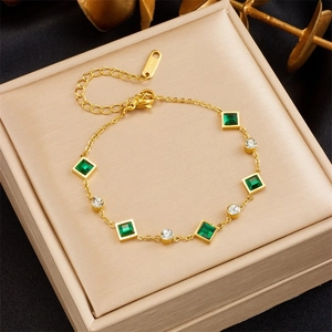 Elegant gold stainless steel bracelet with square emerald zircon and lobster clasp