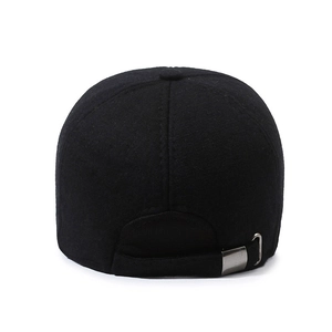 Winter men's baseball cap with ear flaps and adjustable metal buckle in black wool