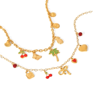 Gold-plated tropical charm necklace with coconut tree, pineapple and cherry pendants