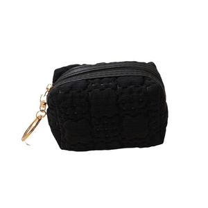 Black waffle texture coin purse with gold keychain and zipper closure on white background