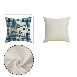 Detailed views of blue plaid gnome pillow case showing front print and fabric texture