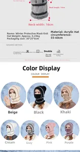 Winter fleece knit hood with size charts and multicolor model display for windproof protection