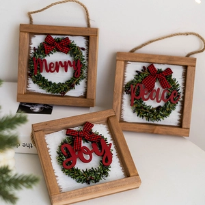Rustic Christmas wooden door signs with Merry, Peace, Joy text and festive wreaths