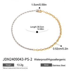 Detailed technical diagram of two-tone stainless steel necklace with 38cm chain length